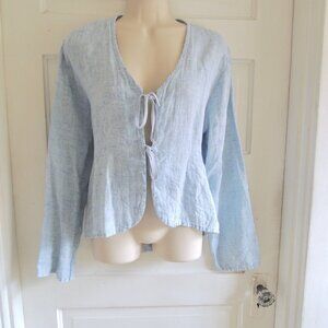 Flax Blue Tie Front 100% Linen Top S *Runs L